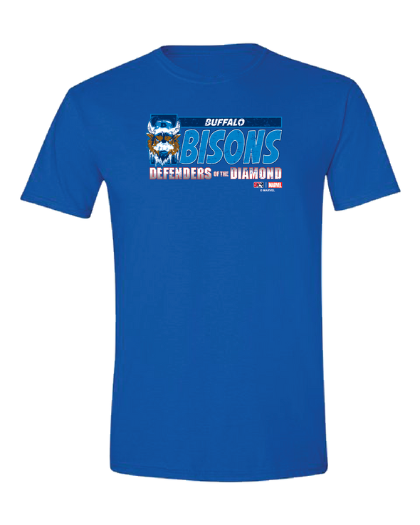 Buffalo Bisons Youth Marvel's Defenders of the Diamond Royal DOTD Tee