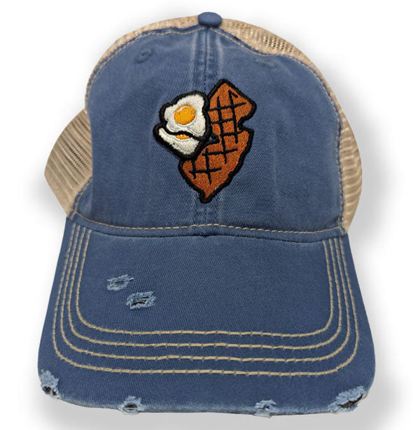 Jersey Diners Adult State & Eggs Distressed Snap Back Tea Stain Cap