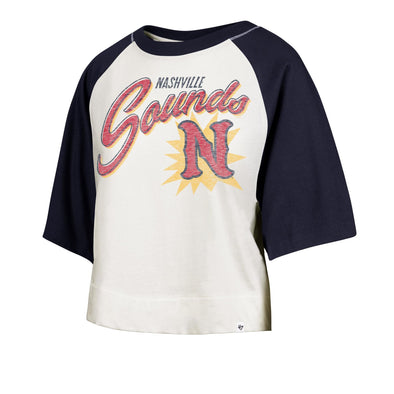Nashville Sounds '47 Brand Women's Sandstone Atlas Blue Flare Raglan Crop Tee