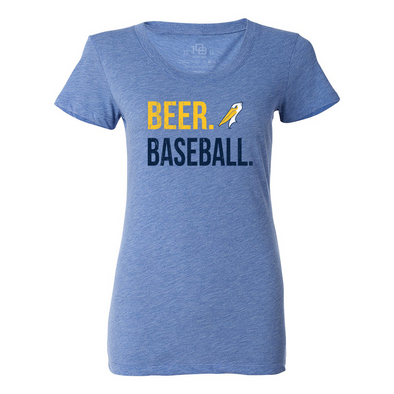 MYRTLE BEACH PELICANS 108 STITCHES LADIES CAROLINA BLUE BEER BASEBALL TEE