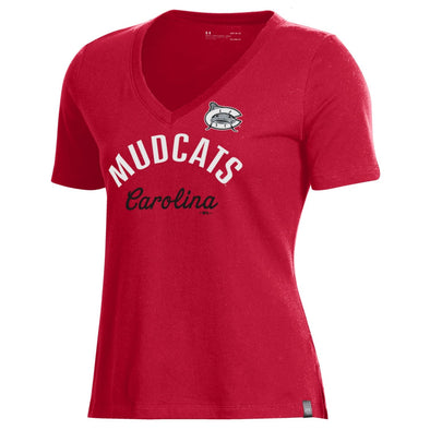 Carolina Mudcats Womens Red Arch Script Cotton V-Neck